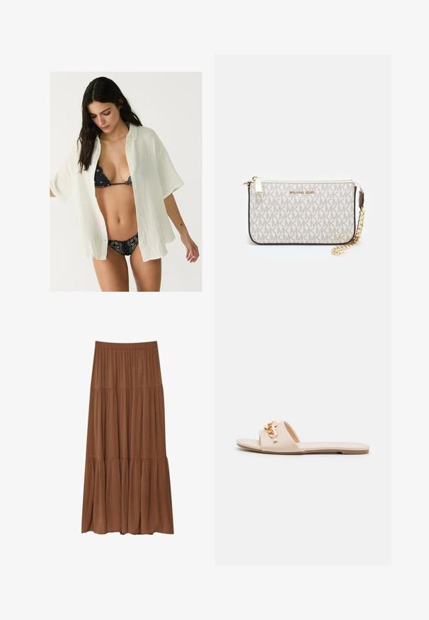 Chemise blanche surdimensionnée à boutons avec un tissu texturé, portée ouverte sur un bikini noir à motifs. Manches courtes et coupe décontractée.; Jupe longue en couches de couleur marron riche, fabriquée en tissu léger. Dispose d'une taille élastique et d'un design fluide pour faciliter le mouvement.; Sandales à glissière beiges avec un bout ouvert, semelle plate et accents décoratifs en chaîne métallique sur la lanière. Matériau lisse avec une texture minimale.; Porte-monnaie Michael Kors en toile enduite beige avec un motif répété de logo MK, des accessoires en or et une bandoulière en chaîne amovible.