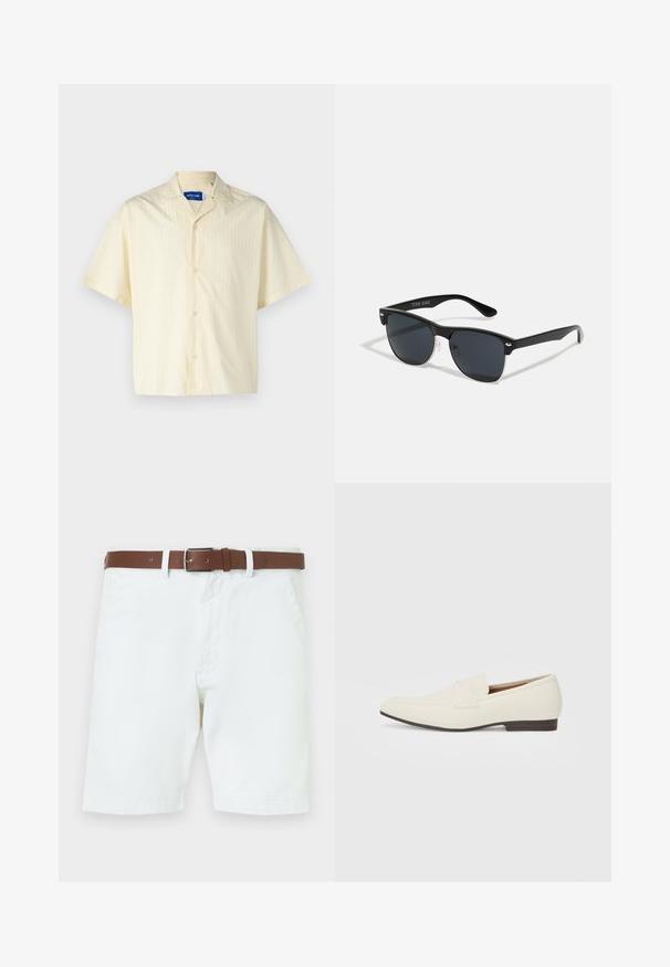 Jack & Jones JORBOXY SHIRT - Vapaa-ajan kauluspaita - antique white; Valkoiset puuvillashortsit, joissa on ruskea nahkavyö hopeanvärisellä soljella. Napitus- ja vetoketjusuljenta, sivutaskut ja käännetyt lahkeet.; Vaaleanbeige loaferit, joissa on terävä kärki, sileä materiaali, nauha vampin yli ja matala ruskea pohja. Yksinkertainen muotoilu, jossa on minimaalista korostusta.; Mustat aurinkolasit, joilla on suorakulmainen muoto, tummat linssit, hopeiset yksityiskohdat temppeleissä ja matta pinta kehykset.