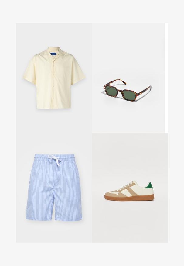 Jack & Jones JORBOXY SHIRT - Chemise - antique white; Shorts de bain rayés bleu clair en tissu lisse. Dotés d'un cordon de serrage blanc et de poches latérales. Longueur mi-cuisse avec une coupe droite.; Baskets avec une tige en cuir blanc, des superpositions en daim beige, un accent de talon vert et une semelle en caoutchouc texturée couleur gomme. Présente trois rayures beige.; Lunettes de soleil en écaille de tortue avec des verres verts, présentant une forme octogonale et des branches minces et courbées. Le matériau a une finition brillante.