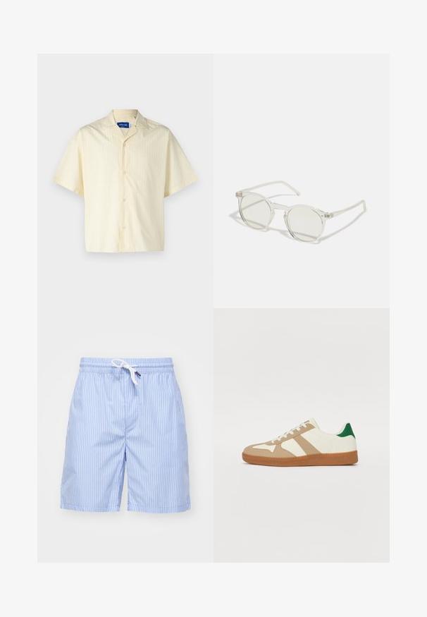 Jack & Jones JORBOXY SHIRT - Camisa - antique white; Bañador de rayas azul claro hecho de tejido suave. Presenta un cordón blanco y bolsillos laterales. Longitud hasta el muslo con un corte recto.; Zapatillas con una parte superior de cuero blanco, superposiciones de ante color beige, acento verde en el talón y una suela de goma con textura color goma. Presenta tres rayas beige.; Gafas de sol redondas con una montura transparente, lentes verde claro y patillas delgadas y transparentes. Presenta sutiles acentos de hardware en la montura.