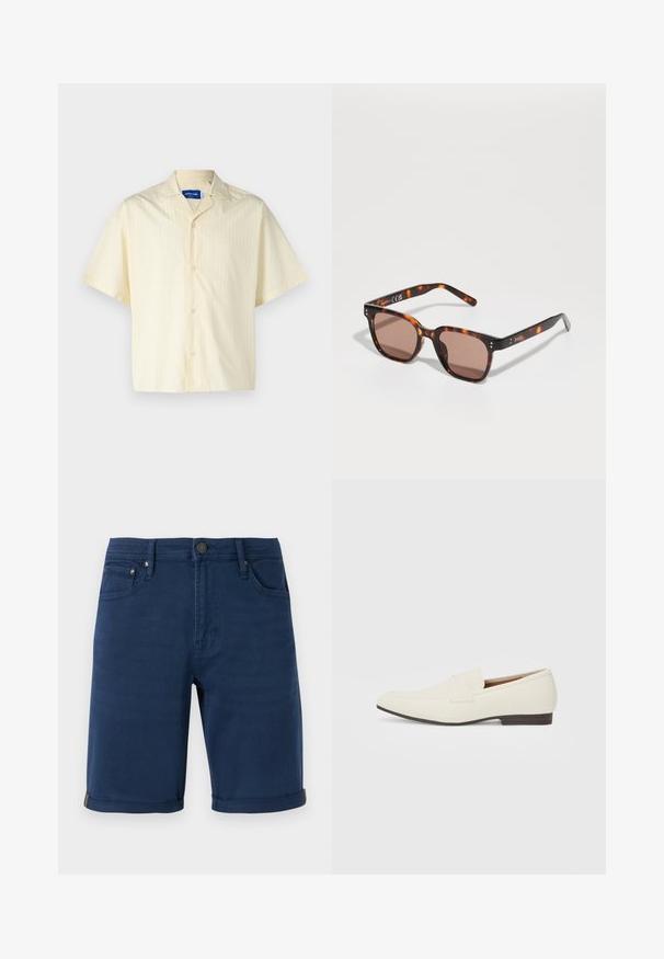 Jack & Jones JORBOXY SHIRT - Košile - antique white; Tyrkysové džíny šortky se rovný střihem, ohrnutým lemem, pěti kapsami a kovovými knoflíky. Hladký povrch a jednobarevný design.; Světlé béžové mokasíny s špičatou špičkou, hladkým materiálem, páskem přes nárt a nízkou hnědou podrážkou. Jednoduchý design s minimálními akcenty.; Želvovinové sluneční brýle s obdélníkovými hnědými čočkami, širokými rámy a jemnými kovovými detaily na spáncích. Hladký povrch na nohách.