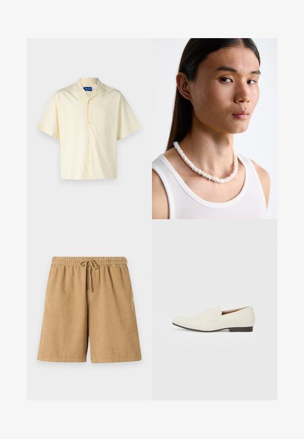 Jack & Jones JORBOXY SHIRT - Košile - antique white; Hnědé sametové kraťasy s elastickým pasem a šňůrkou. Mají vertikální proužky a boční kapsy. Krátká délka a ležérní design.; Světlé béžové mokasíny s špičatou špičkou, hladkým materiálem, páskem přes nárt a nízkou hnědou podrážkou. Jednoduchý design s minimálními akcenty.; Bílý náhrdelník z mušlí složený z nepravidelných tvarů, nošený přes přiléhavý bílý top bez rukávů. Hladký povrch s jemným leskem, těsně přiléhající design.