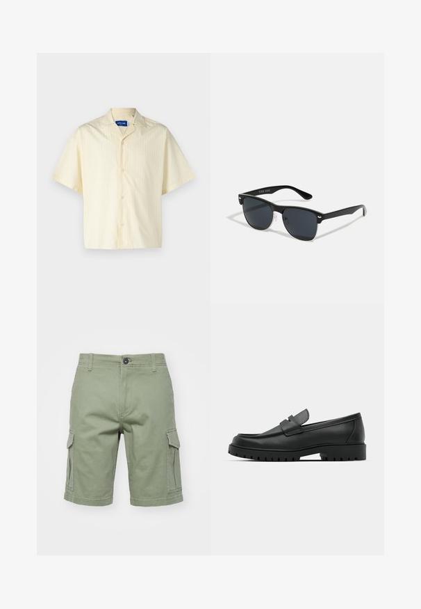 Jack & Jones JORBOXY SHIRT - Chemise - antique white; Shorts cargo verts en coton, dotés de poches latérales, d'une fermeture à bouton et de coutures surpiquées. Le design est droit avec une finition en ourlet.; Mocassins en cuir noir à bout arrondi, avec un design cousu, une semelle plateforme basse et une semelle en caoutchouc texturée et crantée.; Lunettes de soleil noires de forme rectangulaire, verres foncés, accents argentés aux tempes et finition mate sur la monture.