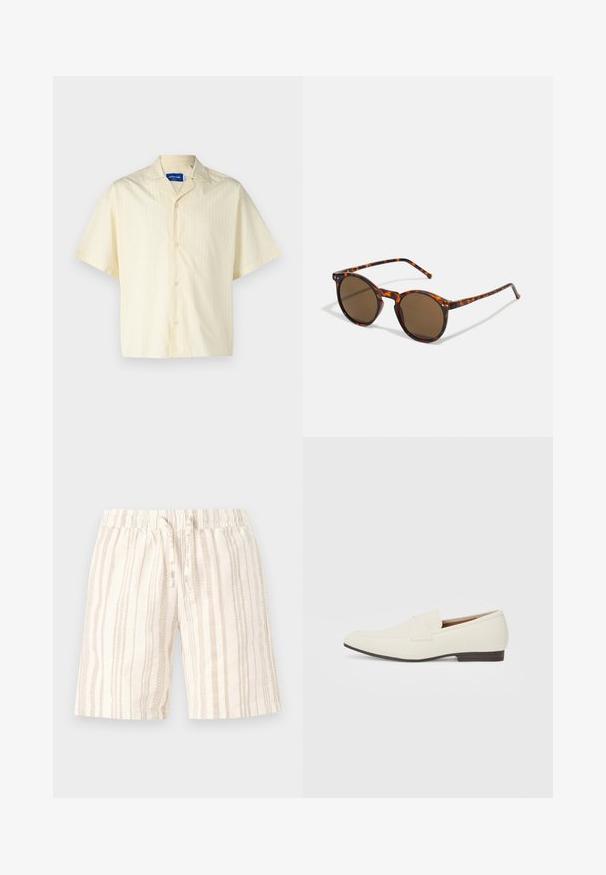 Jack & Jones JORBOXY biały; Jasno beżowe szorty z pionowymi paskami w różnych odcieniach. Posiadają elastyczny pas i sznurek do regulacji. Miękka, teksturowana tkanina.; Jasne beżowe mokasyny z wąskim noskiem, gładkim materiałem, paskiem na wierzchu stopy oraz niską brązową podeszwą. Prosty design z minimalnymi akcentami.; Okrągłe okulary przeciwsłoneczne z oprawką w kolorze żółwia i brązowymi soczewkami. Posiadają cienkie zauszniki z delikatną fakturą oraz metalowe akcenty w pobliżu soczewek.; Biała perłowa naszyjnik o jednolitym, okrągłym kształcie, gładkiej powierzchni oraz metalowym zapięciu z przedłużanym łańcuszkiem dla regulowanej długości.