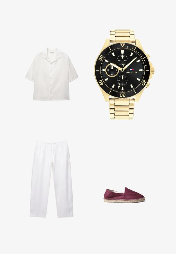 Koszula z krótkim rękawem, z rozpiętym kołnierzykiem, wykonana z białej bawełny. Posiada zapięcie na guziki z klasycznymi guzikami oraz luźny krój.; Białe, luźne spodnie wykonane z lekkiego materiału. Posiadają elastyczny pas ze sznurkiem oraz dwie boczne kieszenie.; Toni Pons MONTGRI - Półbuty wsuwane; Złototona metalowa zegarek z czarną tarczą, luminescencyjnymi znacznikami i trzema sub-tarczami. Posiada teksturowany pasek oraz logo "HILFIGER" na środku.