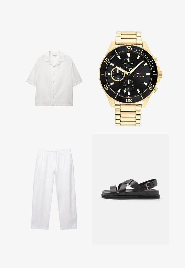Koszula z krótkim rękawem, z rozpiętym kołnierzykiem, wykonana z białej bawełny. Posiada zapięcie na guziki z klasycznymi guzikami oraz luźny krój.; Białe, luźne spodnie wykonane z lekkiego materiału. Posiadają elastyczny pas ze sznurkiem oraz dwie boczne kieszenie.; Czarne skórzane sandały z krzyżującymi się paskami, regulowanym zapięciem, płaską podeszwą i gładką teksturą. Widok z boku.; Złototona metalowa zegarek z czarną tarczą, luminescencyjnymi znacznikami i trzema sub-tarczami. Posiada teksturowany pasek oraz logo "HILFIGER" na środku.; Złote kolczyki w kształcie krzyża z gładkim wykończeniem i zawieszką, charakteryzujące się prostym, wydłużonym wzorem. Każdy krzyż jest jednorodny pod względem rozmiaru.