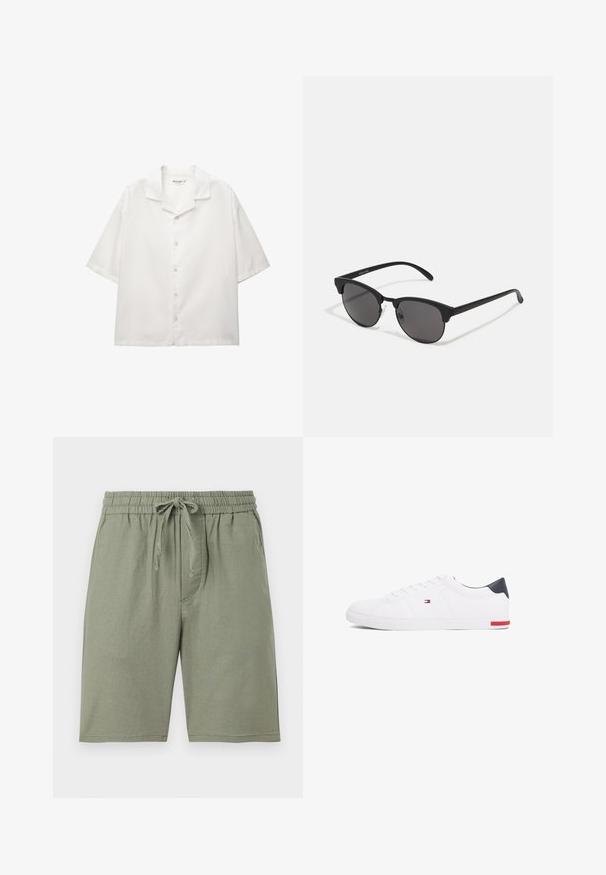 Kortærmet åbenkrave skjorte i hvid bomuld. Har knaplukning foran med standardknapper og en afslappet pasform.; Lys grønne bomuldsshorts med elastisk talje og justerbar snøre. Har sidelommer og en knælang pasform.; Hvide low-top sneakers lavet af glat læder. Har en marineblå hælkappe og en rød detalje på sålen. Seks snørehuller.; Sorte solbriller med runde linser, mat finish og karakteristisk katteøje-form. Slanke arme med subtil branding på venstre stel.
