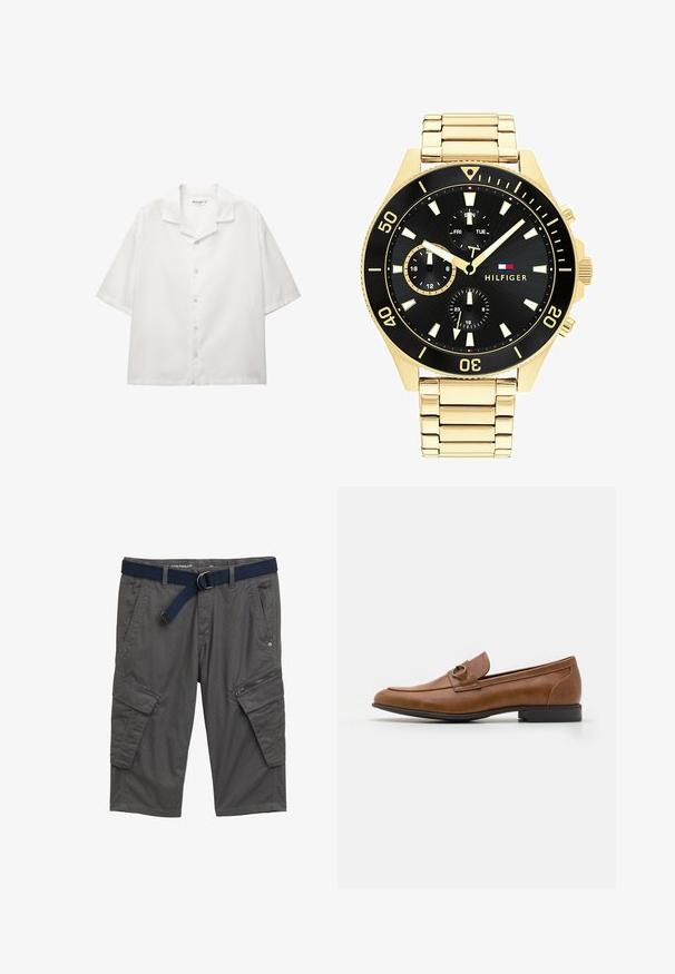 Kurzärmliges, offen geknöpftes Hemd aus weißer Baumwolle. Verfügt über eine durchgehende Knopfleiste mit Standardknöpfen und einem lässigen Schnitt.; Graue Cargo-Shorts aus strukturiertem Stoff, mit mehreren Taschen und einem einfarbigen dunkelblauen Gürtel. Reißverschlussdetail an der Seitentasche.; Braune Lederloafers mit flachem Absatz, die eine dekorative Metallakzentuiert auf der Vorderseite, ein elegantes Design und eine glatte Textur aufweisen.; Goldfarbene Metalluhr mit schwarzem Ziffernblatt, leuchtenden Markierungen und drei Unterzifferblättern. Sie verfügt über ein strukturiertes Armband und das "HILFIGER"-Logo in der Mitte.; Goldene Kreuzohrringe mit glatter Oberfläche und hängender Schlaufe, die ein einfaches, längliches Design aufweisen. Jedes Kreuz hat eine einheitliche Größe.