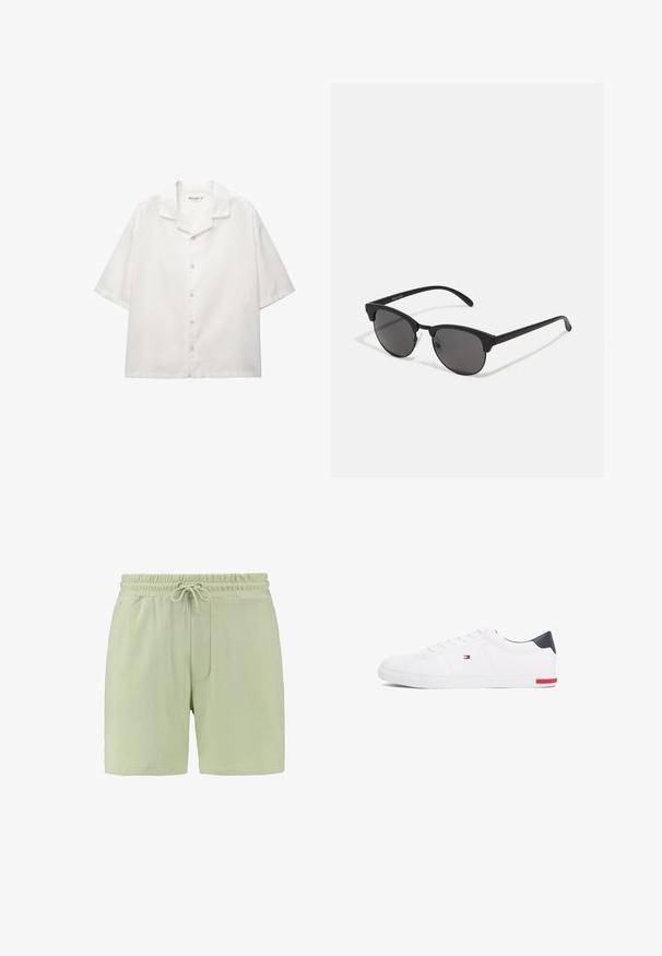 Lyhyet hihat, avokolarinen paitapusero valkoisesta puuvillasta. Varustettu nappikiinnityksellä tavanomaisilla napeilla ja rentoa istuvuutta.; Vaaleanvihreät shortsit pehmeästä kankaasta, jossa on joustava vyötärö ja nauha, sekä sivutasku. Sujuva kangas, rento malli.; Valkoiset matalat tennarit, joissa on sileä nahka. Ominaisuuksiin kuuluu laivastonsininen kantapää ja punainen yksityiskohta pohjassa. Kuusi reikää nauhoille.; Mustat aurinkolasit pyöreillä linsseillä, matalla pinnalla ja erottuvalla kissamaisella muodolla. Kapeat taitteet, joissa on huomaamaton brändäys vasemmassa temppeleissä.