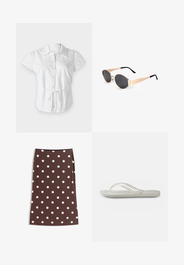 Hollister Co. SLIM SHIRTING - Chemisier - white; Jupe brune à pois blancs, design droit, longueur genoux, fabriquée en tissu lisse avec une taille élastique.; Tong en plastique blanche avec une semelle texturée, dotée de fines brides et d'un design plat. Fabriquée en caoutchouc avec un logo discret sur le coussin de pied.; Lunettes de soleil ovales dorées avec des verres sombres, présentant un design élégant, des branches fines et un accent noir au niveau de la tempête. Numéro de modèle L37.; Sac à tote en cuir tressé marron avec deux poignées, une forme structurée et une surface texturée, présentant un motif en losanges sur toute sa surface.; Boucles d'oreilles créoles dorées, présentant une forme élancée et épurée avec une finition brillante et une fermeture sécurisée.