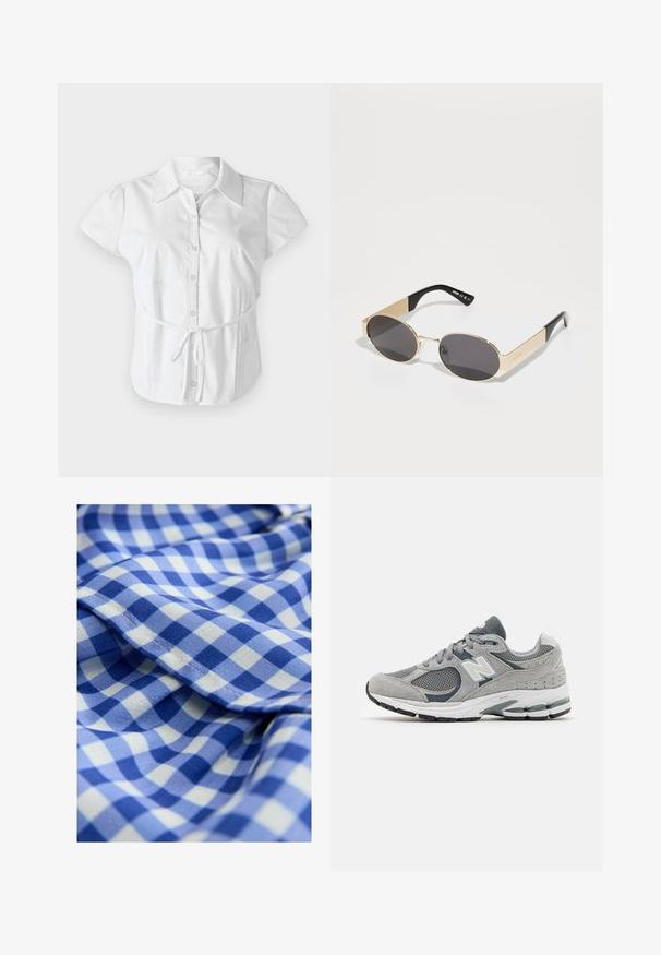 Hollister Co. SLIM SHIRTING - Overhemdblouse - white; Blauw en wit geblokt stof met een zachte textuur, met kleine vierkanten in afwisselende tinten blauw. Bevat een ruchesrand detail.; Grijze sneaker van mesh en suede materialenen, met een wit logo, gevoerde kraag en een geribbeld rubberen zool. Accentkleuren in donkerder grijs.; MOSCHINO UNISEX - Zonnebril - rose gold-coloured; Bruine gevlochten leren tote bag met twee handvatten, een gestructureerde vorm en een getextureerd oppervlak, met een diamantpatroon overal.; Gouden hoepeloorbellen, met een slanke, langgerekte vorm en een gepolijste afwerking, voorzien van een veilige sluiting.