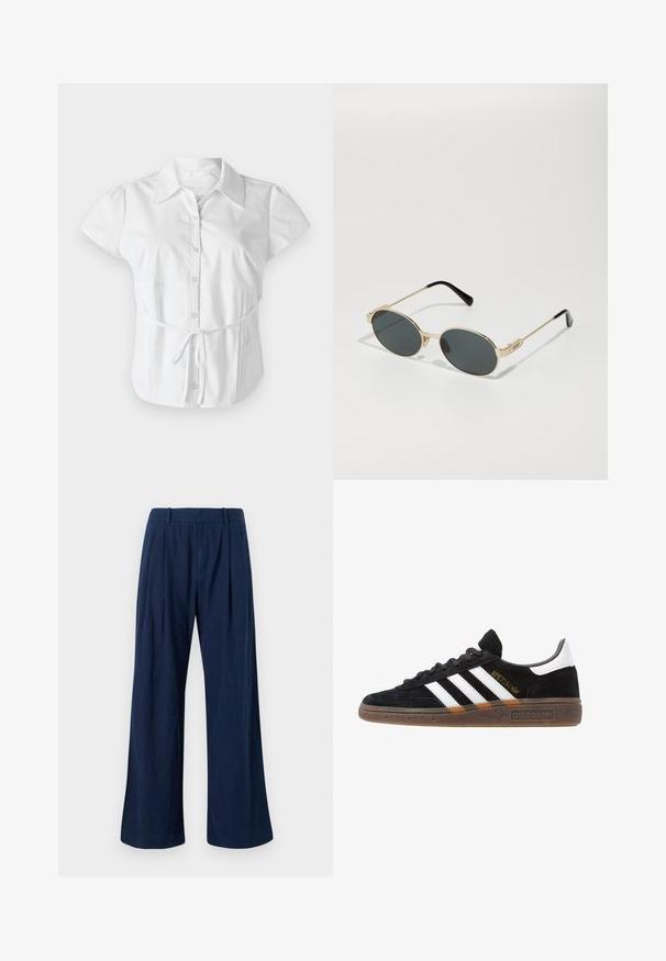 Hollister Co. SLIM SHIRTING - Button-down blouse - white; Navy wide-leg trousers made from lightweight fabric, featuring a high waist, pleats, and clean seams. Smooth texture and tailored cut.; Black Adidas sneaker with white stripes, gold "Spezial" text, gum sole, and white heel tab, shown in profile view.; Gold metal sunglasses with oval lenses and dark tinted lenses. Black acetate tips on the arms. Brand name "QUAY" on the side.; Brown suede shoulder bag with a curved shape and a single strap, featuring a subtle logo on the front. Background is plain white.
