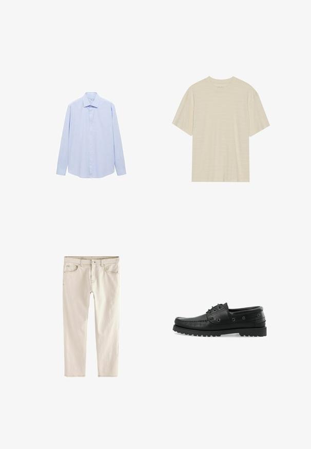 Lichtblauw overhemd met lange mouwen van geweven stof, voorzien van een klassieke kraag en een volledige knoopsluiting, met een rechte snit en zonder patronen.; Crème-kleurig t-shirt met korte mouwen, voorzien van een subtiele gestreepte textuur en een ronde halslijn, gemaakt van lichte stof.; Lichte beige slim-fit jeans met een rechte pijp, vijf zakken, knoop- en ritssluiting, en verstevigde stiksels langs de naden.; Zwarte leren boot schoenen met textuur, vetersluiting, rubberen zool met grip en metalen oogjes aan de zijkanten.