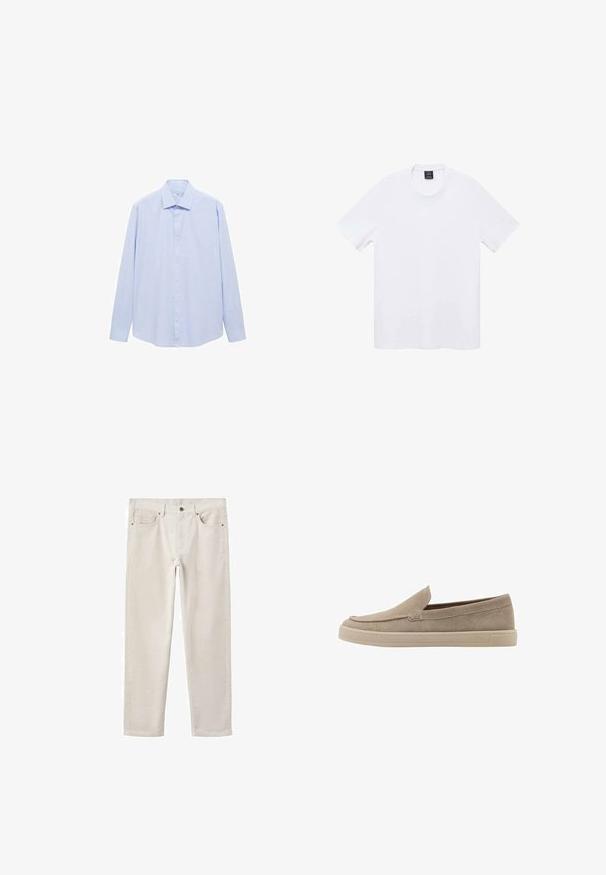 Svetlo modra srajca z dolgimi rokavi, izdelana iz tkanine, z klasičnim ovratnikom in celotno zapenjanjem, z ravnim krojem in brez vzorcev.; Mango Navadna majica - white; Svetlo bež jeansi iz bombaža s ravnim nogavicami, petimi žepi, kovinskim gumbom za zapiranje in subtilno teksturo. Brez vidnih vzorcev ali odtenkov.; Bež semiš cipele na uklizavanje s zaobljenim vrhom, niskim profilom i teksturiranom završnom obradom. Imaju suptilno prošivenu obrubu duž gornjeg dijela.