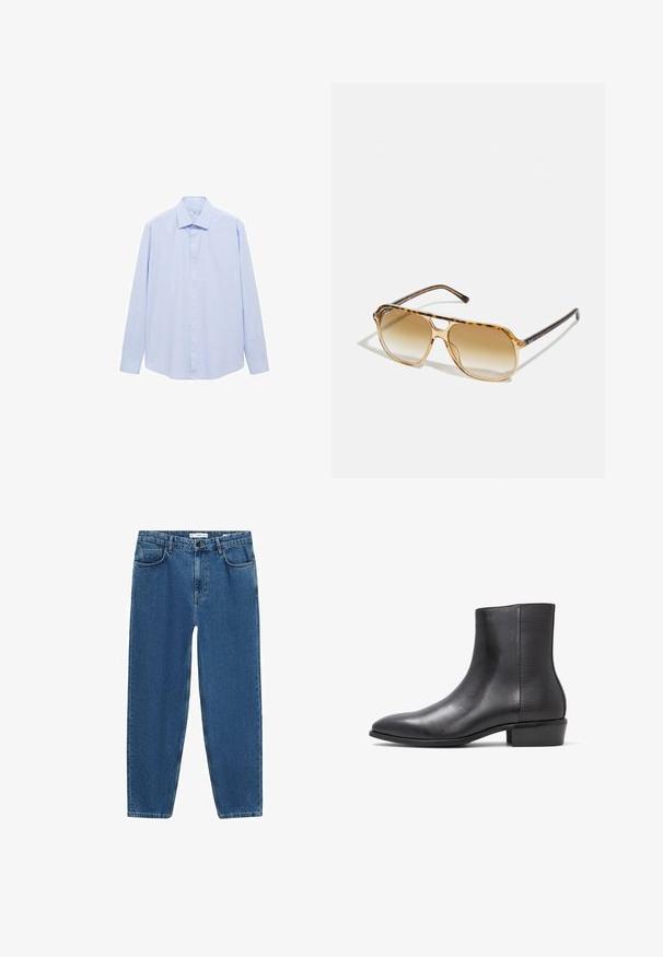 Vaaleansininen pitkähihaisen paidan, joka on valmistettu kudotusta kankaasta. Paidassa on klassinen kaulus ja täysipainike etuosa, suora leikkaus ja ilman kuvioita.; Vaaleansiniset farkut suoran lahkeen muotoilulla, joissa on klassinen viiden taskun tyyli ja nappikiinnitys vyötäröllä.; ALDO PILLOWWALK+FLEX INSIDE ZIP AMUR - Klassiset nilkkurit - open black; Kilpikonnakuosis aurinkolasit, joissa on suorakulmainen kehys, ruskeat liukuvärit linssit ja tyylikkäät mustat sivupäät, joissa on hienovaraiset logo-yksityiskohdat.