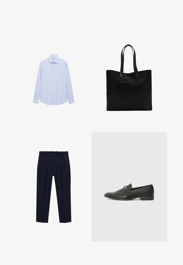 Cămașă lungă cu mânecă, de culoare albastru deschis, realizată dintr-un material țesut, având guler clasic și închidere cu butoni pe toată lungimea, cu un croi drept și fără modele.; Pantaloni navy dintr-un material neted, cu o croială ușor ajustată, plisuri în față, bucle pentru curea și un sistem de închidere cu un singur nasture.; Pantofii negri din piele cu un finisaj neted, având un design cusut și un accent decorativ de lanț metalic peste partea de sus. Toc plat.; Geantă tote neagră, cu două mânere lungi, realizată dintr-un material textil neted. Prezintă un buzunar frontal și un design minimalist. Fără elemente hardware vizibile sau modele.