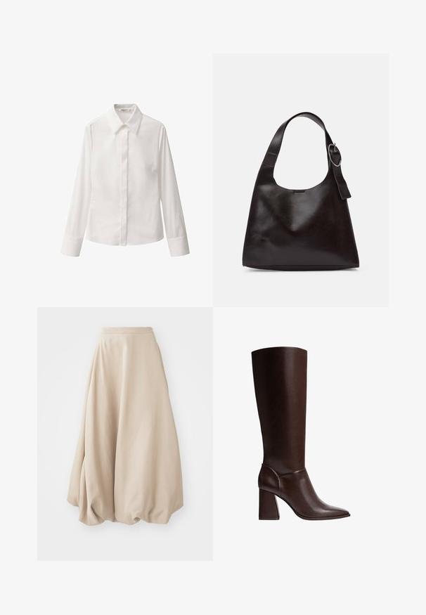 Valkoinen pitkähiha shirts, joka on valmistettu sileästä kankaasta. Siinä on klassinen kaulus, etupainonappi ja yksi rintatasku.; Beige ilmapallo hame, joka on valmistettu pehmeästä kankaasta. Siinä on korkeavyötäröinen malli ja runsas muotoilu, jossa on kerättyä tekstuuria helmassa.; Ruskotoinen nahkainen polvipituinen saapas, jossa on terävä kärki ja tukeva korko, ja jossa on sileä pinta sekä tyylikäs muotoilu. Nilkassa on koristeellista ompelua.; Ruskea nahkainen olkalaukku, jossa on sileä rakenne, pyöreä muoto, leveä hihna ja pyöreä metallikoriste kahvassa.