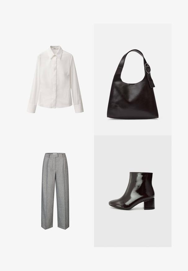 Camicia bianca a maniche lunghe realizzata in tessuto morbido, con colletto classico, chiusura frontale a bottoni e una tasca sul petto.; Pantaloni in lana grigia con un design a gamba larga, caratterizzati da pieghe, vita alta e un tessuto strutturato. Vestibilità sartoriale con una finitura liscia.; Stivaletti in vernice nera con punta a forma di punta e tacco spesso. Texture liscia con una leggera lucentezza e linee pulite, design minimalista.; Borsa a spalla in pelle marrone con una texture liscia, forma arrotondata, ampia tracolla e un accento metallico circolare sul manico.