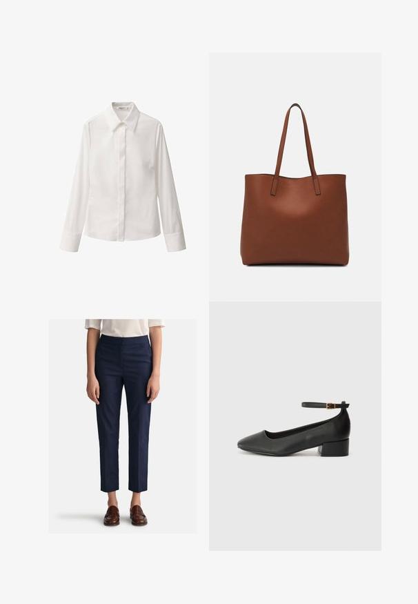 Cămașă albă cu mânecă lungă, dintr-un material neted, cu guler clasic, deschidere cu nasturi pe față și un singur buzunar pe piept.; Pantaloni navy cu croială dreaptă, realizați dintr-un material neted, cu un față plată și buzunare laterale. Asortați cu mocasini maronii.; Pantof cu toc negru din piele, cu vârf ascuțit și toc mic pătrat. Dispune de o curea la gleznă cu o cataramă în tonuri de aur. Textură netedă.; Geantă de umăr din piele maro cu o textură netedă, design cu vârf deschis și două curele pentru umăr. Prezintă cusături minime și fără componente metalice vizibile.