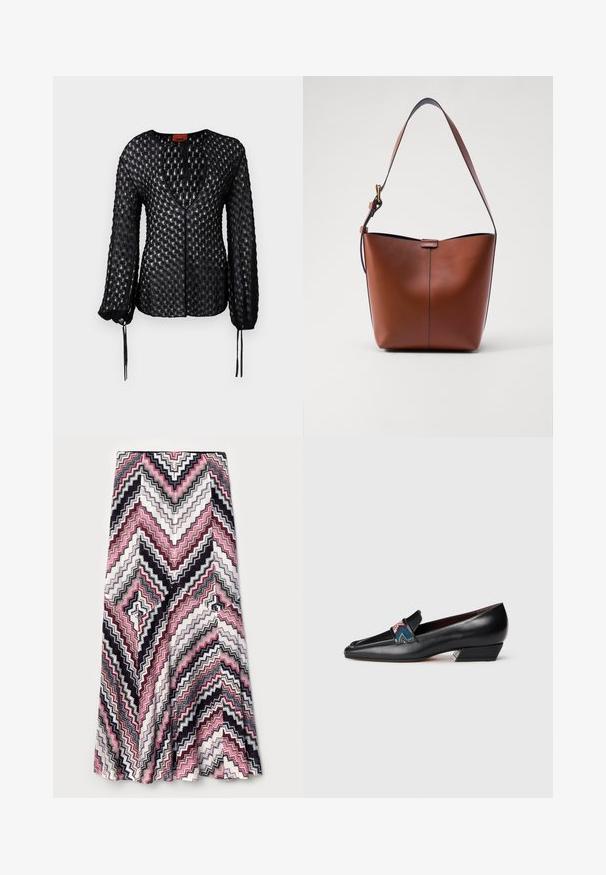 Juoda megzta bluzonė su tekstūruotu deimantų raštu, giliu V formos iškirpimu, ilgomis rankovėmis ir reguliuojamais raišteliais ant rankogalių.; Maxi sijonas su zigzago raštu rožinės, juodos ir baltos spalvų, pagamintas iš tekstūruotos medžiagos su platėjančiu apačia.; Juodų odinių batų su žema pakulne, smailiu nosiu ir spalvingomis raštuotomis detalėmis juostelėje, nuotrauka ant baltos fono.; Ruda odinė petinė rankinė su kreivam formu, lygia tekstūra ir viena plona juosta. Yra švelni siūlė ir mažas logotipo elementas.