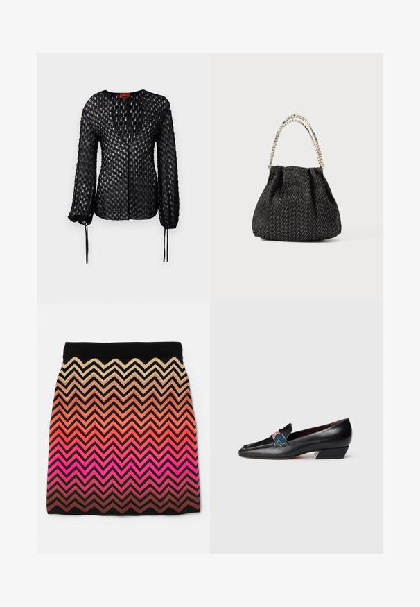 Musta neulepaita, jossa on teksturoitu timanttikuvio, syvä V-pääntie, pitkät hihat ja säädettävät nauhat hihansuissa.; Neulehame, jossa on siksak-kuvio gradienttiväreissä vaaleasta beigeestä vaaleanpunaiseen, mustalla vyötäröosalla ja teksturoidulla kankaalla.; Musta nahkainen matalakorkoinen loafersi, jossa on terävä kärki ja värikäs kuvioitu nauha, valkoista taustaa vasten.; Mustassa tekstiilissä herringbone-kuviointi, kerätty muotoilu ja metalliketjuvarsi. Pehmeä kangas antaa tyylikkään ilmeen.