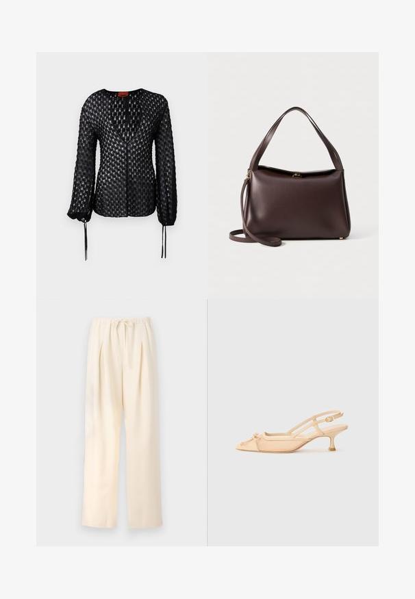 Black knitted blouse with a textured diamond pattern, deep V-neckline, long sleeves, and adjustable ties at the cuffs.; Beige pleated trousers with an elastic waistband and adjustable drawstring. Lightweight fabric and wide, straight leg design.; Stuart Weitzman KITTY - Classic heels - beige/barely beige; Brown leather handbag with a structured shape, featuring a single top handle and a detachable shoulder strap. Gold-tone hardware detail.