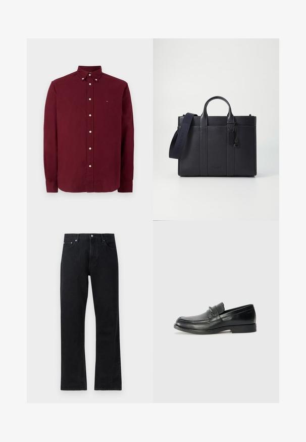 Burgundská košile s dlouhým rukávem vyrobená z bavlny, s límečkem na knoflíky, předním zapínáním na knoflíky a malým logem na hrudi.; Černé džíny z denimu se rovnými nohavicemi, s knoflíkovým zapínáním, pětikošilovým stylem a jemnými švy.; Černé kožené mokasíny s kulatou špičkou, s prošívaným vzorem, malým předním páskem s kovovými detaily a plochou gumovou podrážkou.; Tmavě námořnická kožená aktovka s dvojitými horními rukojeťmi a odnímatelným popruhem. Má texturovaný povrch, vertikální švy a detail s logem.