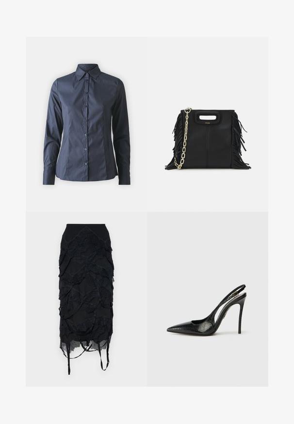 Tamsiai mėlynas ilgomis rankovėmis marškinys su sagomis priekyje, smailiu apykaklės dizainu ir pritaikytu siluetu. Pagamintas iš lygaus, lengvo audinio.; Juoda sijonas su sluoksniuotu nėriniu, pritaikytu juosmens dizainu ir reguliuojamomis petnešomis. Dizainas apima bangos formos raštą visame sijone.; Juoda slingback bateliai su smailiu toe, tekstūruota gyvatės rašto, stiletto kulnu ir dekoratyviu užsegimu ant dirželio.; Juodas odinis rankų darbo rankinys su frinzuotomis detalėmis, auksine grandinės petneša ir išpjauto dizaino rankena. Pirmoje pusėje yra logotipo vieta.
