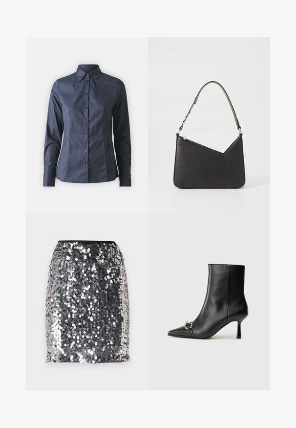 Marineblå langermet skjorte med knappestolpe foran, spiss krage og skreddersydd passform. Laget av glatt, lett stoff.; Liten sølvfarget paljettminiskjørt med en tettsittende svart midje. Har en skinnende, reflekterende tekstur og et scallop-mønster.; Sorte lær ankle boot med spiss tå, slank mid-høyde hæl og sølvspenne på siden mot en enkel bakgrunn.; Svart lærveske med trekantet form, en slank stropp og sølvfarget detaljer. Har glidelåslukking og preget logo på forsiden.