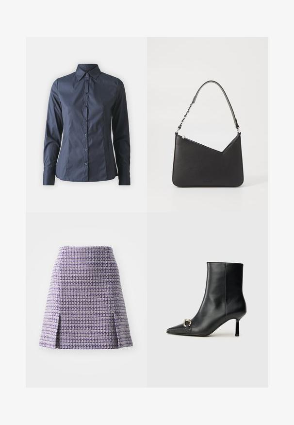 Cămașă bleumarin cu mânecă lungă, cu închidere în față prin butoni, guler ascuțit și croială ajustată. Confecționată dintr-un material fin, ușor.; Fustă din tweed violet cu un model geometric, având un talie ajustată și două deschideri laterale pentru mobilitate. Suprafață texturată cu o siluetă bine definită.; Botine negre din piele, cu vârf ascuțit, toc subțire de înălțime medie și detaliu cu cataramă argintie pe lateral, pe un fundal simplu.; Geantă din piele neagră cu formă triunghiulară, curea subțire și accesorii din metal argintiu. Dispune de închidere cu fermoar și logo embosat pe față.