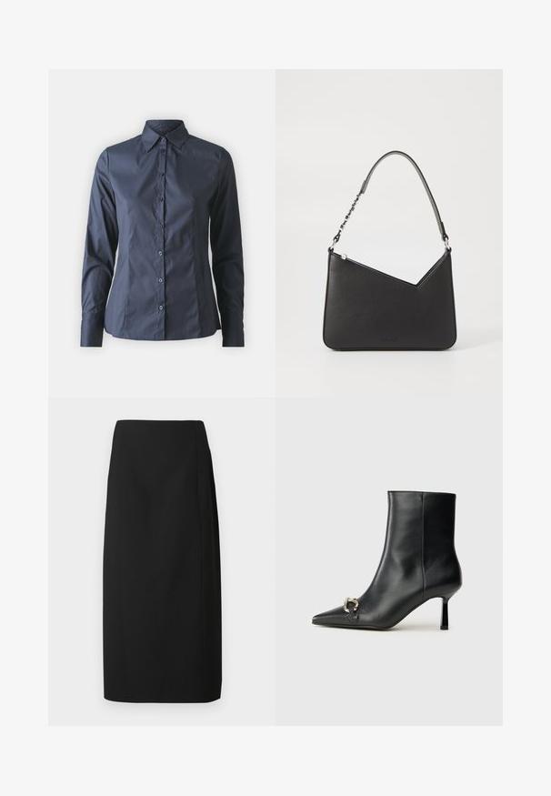 Navy blue long-sleeve shirt with button-up front, pointed collar, and a tailored fit. Made of smooth, lightweight fabric.; Black pencil skirt made of smooth fabric, featuring a straight cut and clean lines, with no embellishments or patterns.; Black leather ankle boot with pointed toe, slim mid-height heel, and silver buckle detail on side against plain background.; Black leather handbag with a triangular shape, a slim strap, and silver hardware. Features a zip closure and embossed logo on the front.