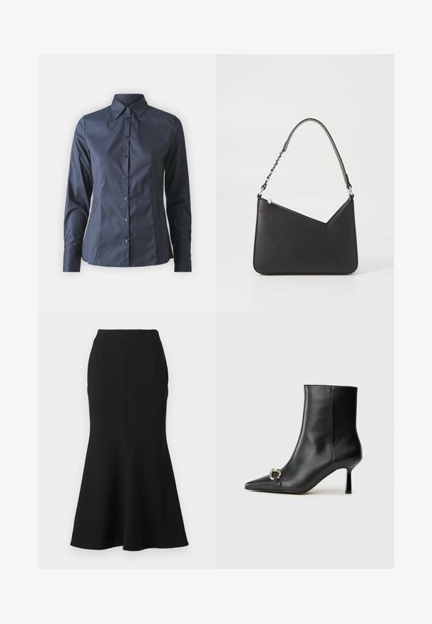 Camisa de manga larga azul marino con cierre de botones en el frente, cuello puntiagudo y un corte ajustado. Fabricada con un tejido suave y ligero.; Falda negra de corte acampanado hecha de tela suave, con una cintura ajustada y una costura en el centro, que termina con un suave vuelo en el dobladillo.; Botín negro de cuero hasta el tobillo con punta afilada, tacón delgado de altura media y detalle de hebilla plateada en el lateral, sobre un fondo liso.; Bolso de mano de piel negra con forma triangular, una correa delgada y herrajes plateados. Cuenta con un cierre de cremallera y un logo en relieve en la parte frontal.