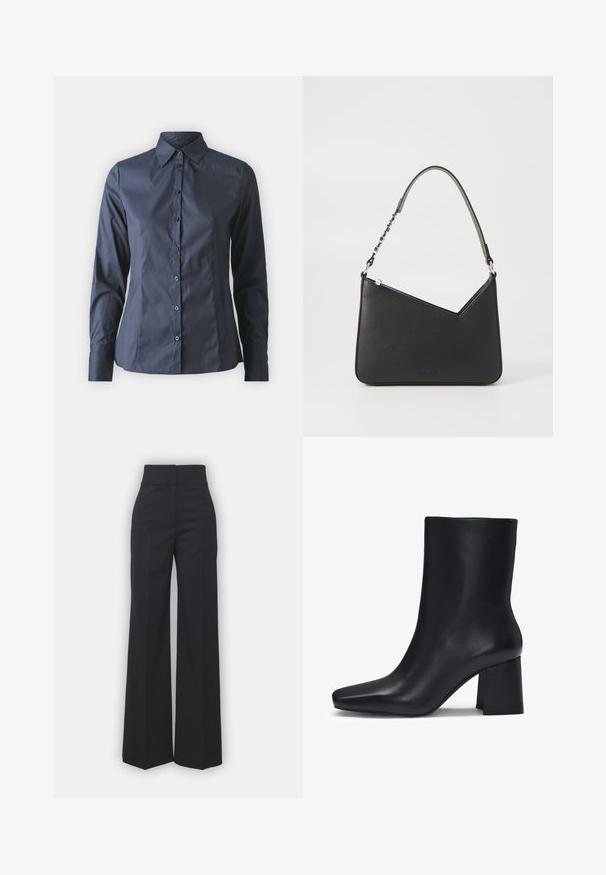 Laivansinis pitkähihaine paita, jossa on nappisuljenta edessä, terävä kaulus ja muotoiltu malli. Valmistettu sileästä, kevyestä kankaasta.; Suorat lahkeet mustassa kankaassa, korkea vyötärö, siisti viimeistely ja sileä pinta. Ei näkyvää varustusta tai kuvioita.; HUGO ARIEL NAPU - Klassiset nilkkurit - black; Musta nahkakäekott kolmnurga kujuga, peene rihmaga ja hõbedaste detailidega. Omab lukuga sulgemist ja esiküljel on reljeefne logo.