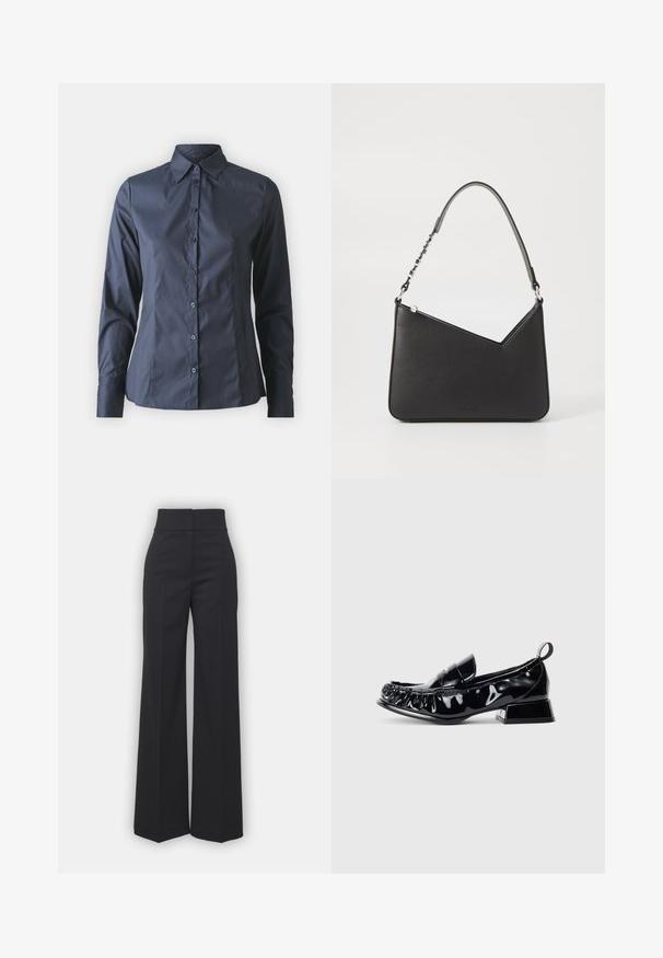 Marineblaues Langarmhemd mit Knopfverschluss vorne, spitzem Kragen und taillierter Passform. Hergestellt aus glattem, leichtem Stoff.; Weite Hosen aus schwarzem Stoff mit hohem Bund, die eine saubere Verarbeitung und glatte Textur aufweisen. Keine sichtbaren Beschläge oder Muster.; Schwarze Lackleder-Pantoletten mit quadratförmiger Spitze, gerafftem Detail, niedrigem Blockabsatz und Zugschlaufe hinten auf einem weißen Hintergrund.; Schwarze Lederhandtasche in dreieckiger Form, mit schmalem Tragegurt und silbernem Zubehör. Sie verfügt über einen Reißverschluss und ein geprägtes Logo auf der Vorderseite.