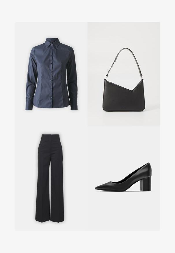 Navy blue long-sleeve shirt with button-up front, pointed collar, and a tailored fit. Made of smooth, lightweight fabric.; Wide-leg trousers in black fabric with a high waistband, featuring a clean finish and smooth texture. No visible hardware or patterns.; Black leather pump with a pointed toe and a chunky square heel. Smooth texture, simple design, suitable for formal settings.; Black leather handbag with a triangular shape, a slim strap, and silver hardware. Features a zip closure and embossed logo on the front.