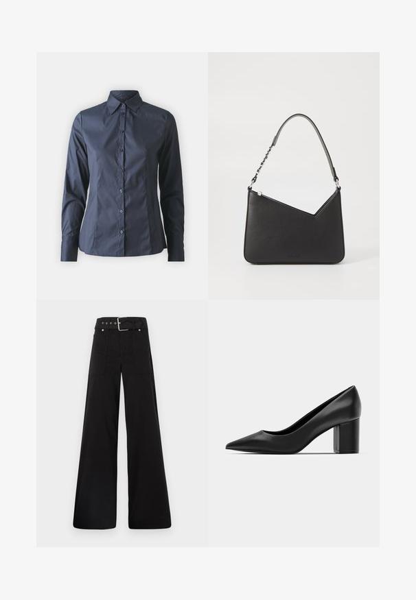 Navy blue long-sleeve shirt with button-up front, pointed collar, and a tailored fit. Made of smooth, lightweight fabric.; Black wide-leg trousers made from cotton, featuring a high waist, large side pockets, and a belted waist with silver hardware accents.; Black leather pump with a pointed toe and a chunky square heel. Smooth texture, simple design, suitable for formal settings.; Black leather handbag with a triangular shape, a slim strap, and silver hardware. Features a zip closure and embossed logo on the front.