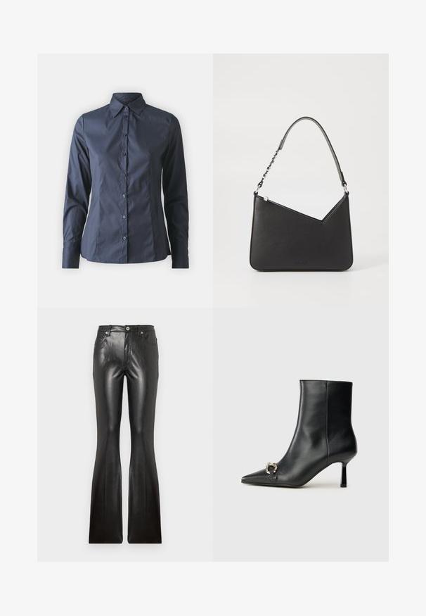 Navy blue long-sleeve shirt with button-up front, pointed collar, and a tailored fit. Made of smooth, lightweight fabric.; Black leather flared pants featuring a smooth texture, five pockets, front button closure, and a fitted silhouette through the thighs.; Black leather ankle boot with pointed toe, slim mid-height heel, and silver buckle detail on side against plain background.; Black leather handbag with a triangular shape, a slim strap, and silver hardware. Features a zip closure and embossed logo on the front.