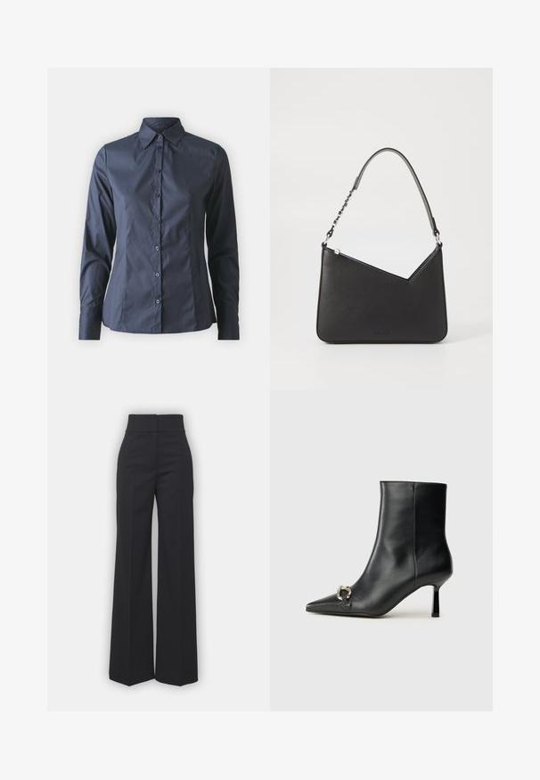 Marineblauwe shirt met lange mouwen, knoopsluiting aan de voorkant, puntkraag en een getailleerde pasvorm. Gemaakt van soepel, lichtgewicht stof.; Wijdvallende broek in zwarte stof met een hoge tailleband, met een schone afwerking en een gladde textuur. Geen zichtbare hardware of patronen.; Zwarte leren enkelboot met spitse neus, slanke middenhoge hak en zilveren gespdetail aan de zijkant op een effen achtergrond.; Zwart leren handtas met een driehoekige vorm, een slanke strap en zilveren hardware. Voorzien van een ritssluiting en een reliëflogo op de voorkant.
