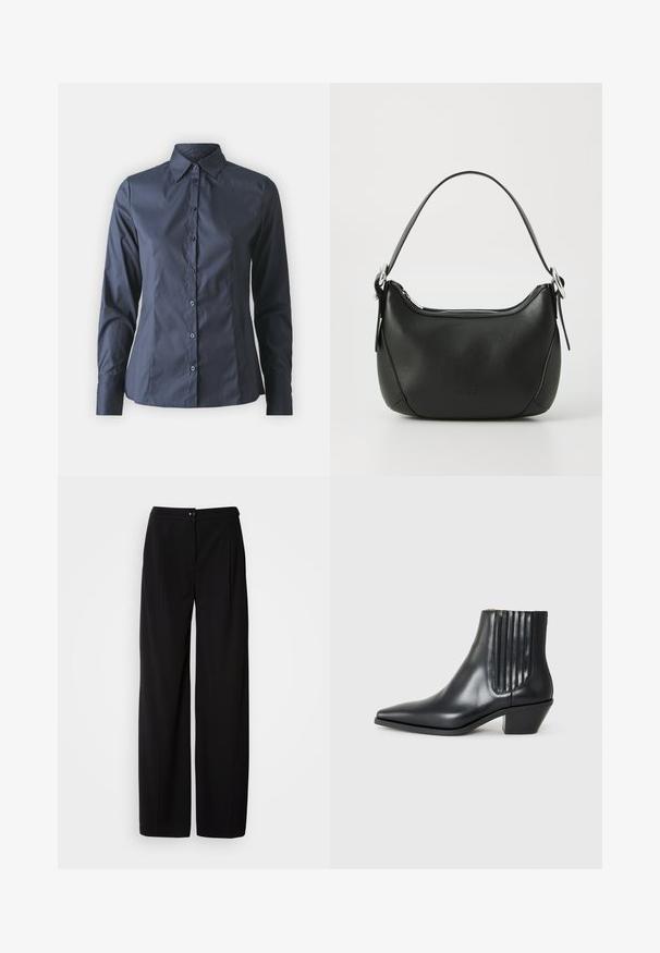 Chemise à manches longues bleu marine avec fermeture à boutons sur le devant, col pointu et coupe ajustée. Fabriquée dans un tissu léger et lisse.; Pantalons large en noir avec un tissu tissé lisse ; dotés d'une fermeture à bouton et d'un design plissé pour une silhouette structurée.; Bottine en cuir noir avec un bout pointu, des panneaux latéraux élastiques avec des rainures verticales, et un petit talon bloc. Texture lisse et design épuré.; Sac à main en cuir noir avec une forme arrondie, fermeture éclair argentée et une courte poignée. Présente un logo subtil à l'avant et une texture lisse.