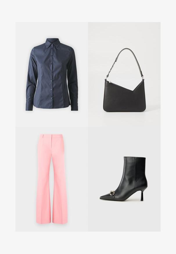 Camicia a maniche lunghe blu navy con chiusura a bottoni, colletto a punta e vestibilità su misura. Realizzata in tessuto leggero e liscio.; Pantaloni larghi rosa con un design su misura, caratterizzati da una parte frontale piatta e pieghe ben stirate. Tessuto liscio e vita alta.; Stivale alla caviglia in pelle nera con punta affusolata, tacco sottile di media altezza e dettaglio in fibbia argentata sul lato, su sfondo semplice.; Borsa a mano in pelle nera con forma triangolare, una tracolla sottile e accessori in argento. Presenta una chiusura con zip e un logo impresso sul davanti.