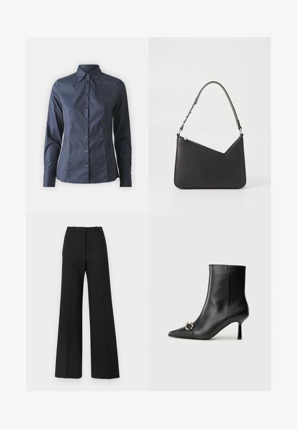 Mørkeblå langærmet skjorte med knaplukning foran, spidse kraver og en skræddersyet pasform. Fremstillet af glat, letvægtigt stof.; Sorte buks med vide ben og skræddersyet design, der har en glat tekstur og subtile plisseringer foran. Ingen synlige detaljer eller mønstre.; Sort læder ankelstøvle med spidse tæer, slank hæl i mellemhøjde og sølvspænde detaljer på siden mod en ensfarvet baggrund.; Sort læderhåndtaske i trekantet form med en slank rem og sølv hardware. Har lynlås-lukning og prægede logo på forsiden.