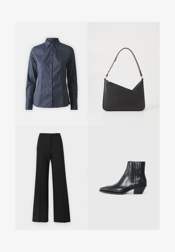 Mørkeblå langærmet skjorte med knaplukning foran, spidse kraver og en skræddersyet pasform. Fremstillet af glat, letvægtigt stof.; Sorte buks med vide ben og skræddersyet design, der har en glat tekstur og subtile plisseringer foran. Ingen synlige detaljer eller mønstre.; Sorte læder ankelstøvle med spids tå, elastiske sidepaneler med lodrette riller og en lav blokhæl. Glat tekstur og slankt design.; Sort læderhåndtaske i trekantet form med en slank rem og sølv hardware. Har lynlås-lukning og prægede logo på forsiden.