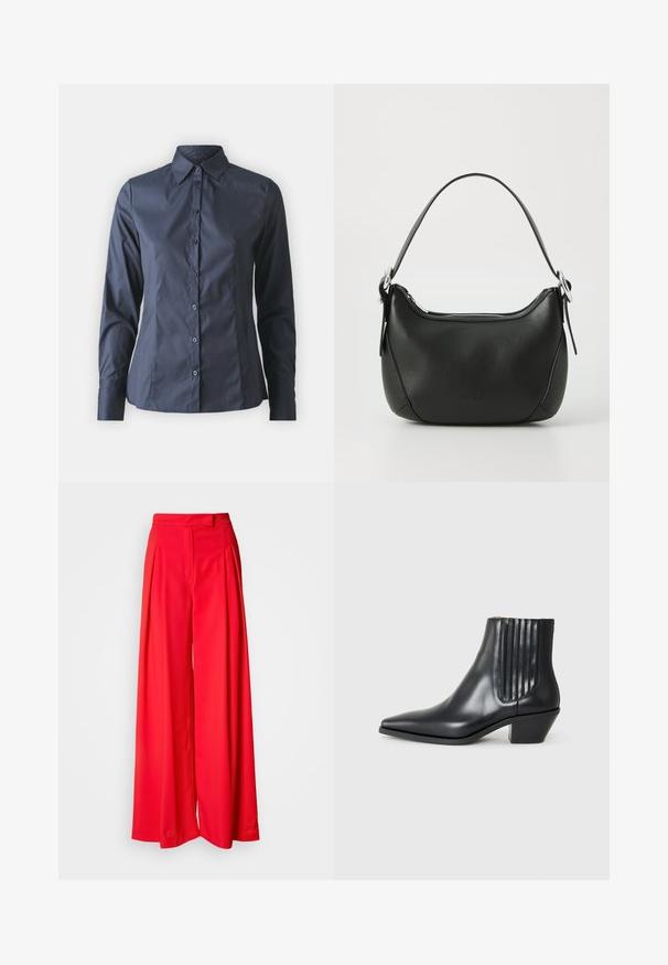 Marineblauwe shirt met lange mouwen, knoopsluiting aan de voorkant, puntkraag en een getailleerde pasvorm. Gemaakt van soepel, lichtgewicht stof.; Rode wijde broeken van een soepele stof, met voorplooien, een platte tailleband en een getailleerde pasvorm. Het ontwerp benadrukt een vloeiende silhouette.; Zwarte leren enkellaars met spitse neus, elastische zijpanelen met verticale groeven en een lage blokhak. Glad oppervlak en slank ontwerp.; Zwarte leren handtas met een gebogen vorm, zilveren rits en een korte handgreep. Bevat een subtiel logo aan de voorkant en een gladde textuur.