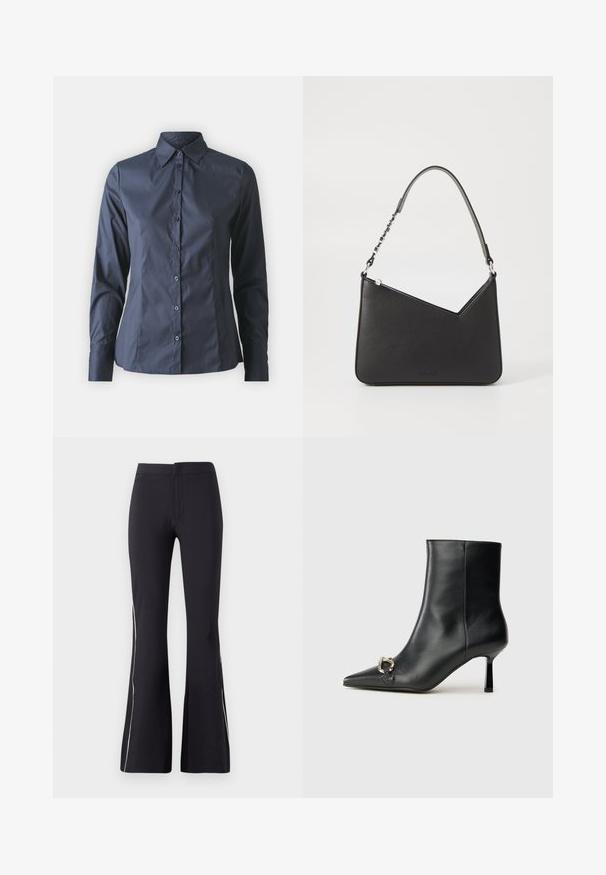 Tengerészkék, hosszú ujjú ing gombos elülső résszel, hegyes gallérral és testhez álló fazonnal. Simább, könnyű anyagból készült.; Fekete, bővülő nadrág rugalmas anyagból. Simább textúrával és kontrasztos fehér oldalsó pipingsal rendelkezik. Egyszerű, gumis derékpántos kialakítás.; Fekete bőr bokacsizma hegyes orral, vékony közép magasságú sarokkal és ezüst csattal az oldalon, sima háttér előtt.; Fekete bőr kézitáska háromszögletű formával, vékony pánttal és ezüst színű fém kiegészítőkkel. Cipzáras záródással és dombornyomott logóval rendelkezik elöl.