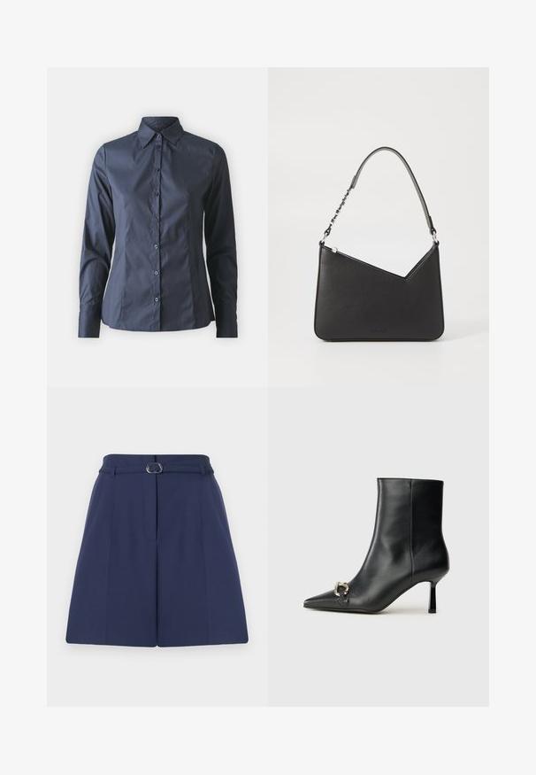 Marineblå langermet skjorte med knappestolpe foran, spiss krage og skreddersydd passform. Laget av glatt, lett stoff.; Marineblå skreddersydde shorts med belte, med beltesløyfe, detaljerte folder og en jevn tekstur. Standard rett snitt.; Sorte lær ankle boot med spiss tå, slank mid-høyde hæl og sølvspenne på siden mot en enkel bakgrunn.; Svart lærveske med trekantet form, en slank stropp og sølvfarget detaljer. Har glidelåslukking og preget logo på forsiden.