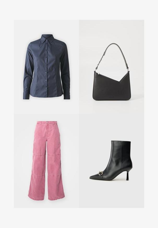 Tumši zila garām piedurknēm kreklis ar pogām priekšpusē, norādītas apkakles un pieguļošs griezums. Izgatavots no gludas, vieglas auduma.; Rozā plata kāju bikses, izgatavotas no kokvilnas, ar izbalējušu apdari. Divi horizontāli šuvi rada izteiktu paneļa dizainu. Priekšējā pogu aizdare.; Melnā ādas potīšu zābaku ar smailu purngalu, šauru vidēja augstuma papēdi un sudraba sprādzi sānos uz vienkrāsaina fona.; Melnas ādas rokassomiņa ar trīsstūra formu, šaura siksna un sudraba aksesuāri. Izstrādājumam ir rāvējslēdzēja aizdare un reljefs logotips priekšpusē.