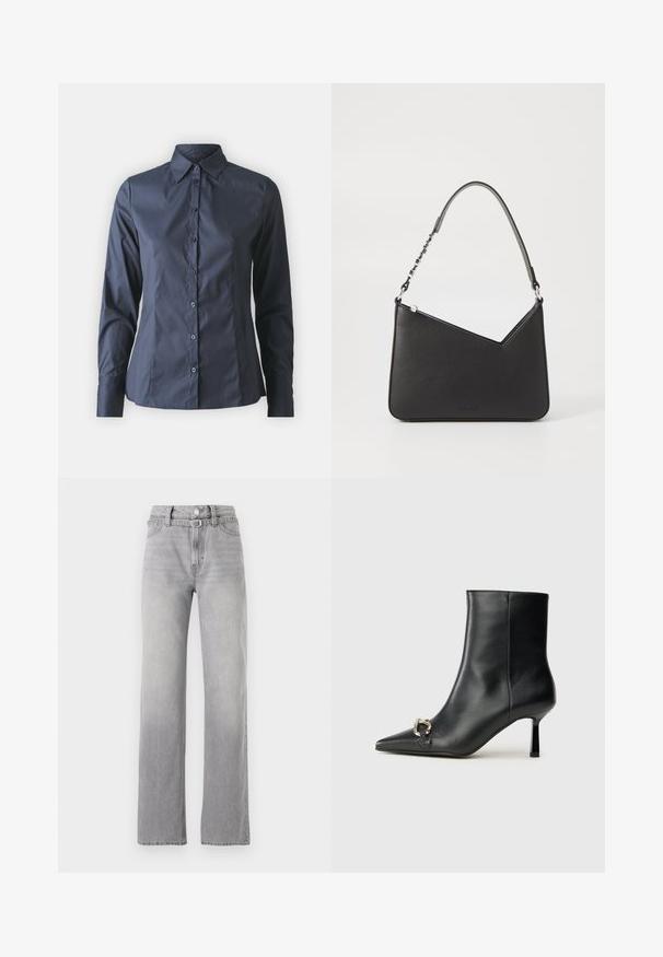 Camisa de manga larga azul marino con cierre de botones en el frente, cuello puntiagudo y un corte ajustado. Fabricada con un tejido suave y ligero.; Jeans de mezclilla gris claro con una cintura alta, diseño de pierna recta, desgaste sutil y estilo clásico de cinco bolsillos. Cierre de botón metálico y cremallera.; Botín negro de cuero hasta el tobillo con punta afilada, tacón delgado de altura media y detalle de hebilla plateada en el lateral, sobre un fondo liso.; Bolso de mano de piel negra con forma triangular, una correa delgada y herrajes plateados. Cuenta con un cierre de cremallera y un logo en relieve en la parte frontal.