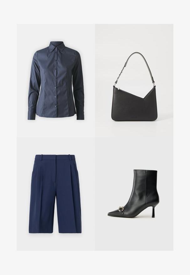 Marineblå langermet skjorte med knappestolpe foran, spiss krage og skreddersydd passform. Laget av glatt, lett stoff.; Mørkeblå shorts med skreddersydd passform, med plissert front, belte hem og glatt stofftekstur, knelengde.; Sorte lær ankle boot med spiss tå, slank mid-høyde hæl og sølvspenne på siden mot en enkel bakgrunn.; Svart lærveske med trekantet form, en slank stropp og sølvfarget detaljer. Har glidelåslukking og preget logo på forsiden.