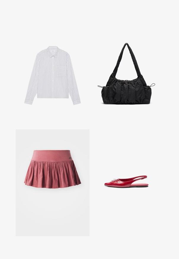 Balta mygtukų marškiniai su plonomis pilkomis vertikaliomis juostelėmis. Su kairėje pusėje esančiu kišeniu, klasikiniais atvartais ir ilgomis rankovėmis.; Rožinė medvilninė sijonas su elastine juostele, turintis surinktų detalių ir platėjantį siluetą. Lygus paviršius, iki kelių siekiantis dizainas.; Raudoni odiniai slingback baja su smailiu pirštu ir dekoratyviu raišteliu priekyje, turintis ploną kulkšnies dirželį ir plokščią padą.; Juodas audinio rankinukas su suraizgytu tekstūru, dviem petinėmis rankenomis ir raišteliu šonuose. Sklandus, lengvas audinys.