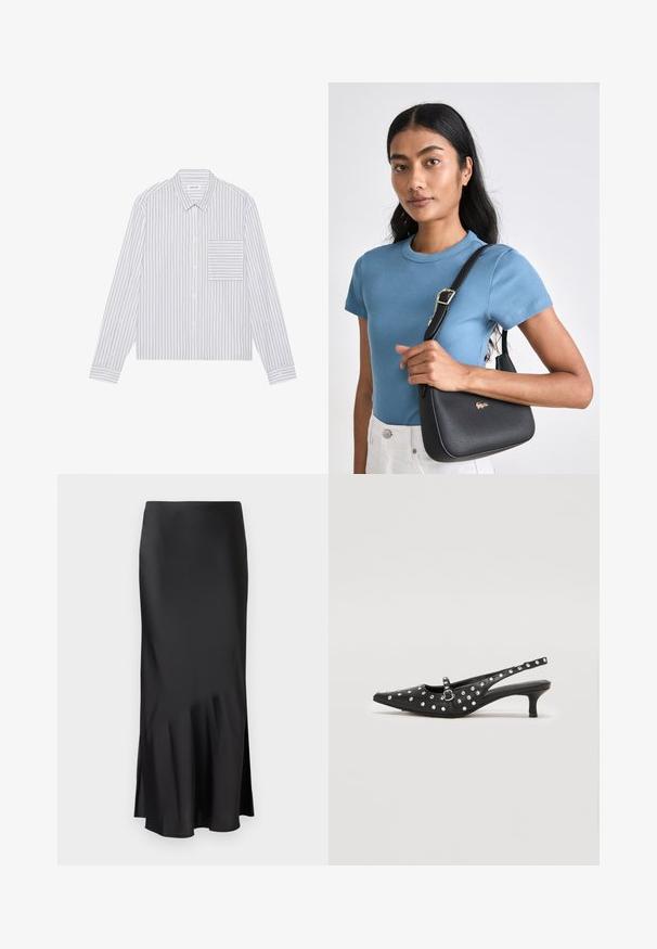 Valge särk, millel on õhukesed hallid vertikaalsed triibud. Vasakul pool on õlakott, klassikaline krae ja pikad varrukad.; Mustmust midi seelik, millel on sujuv disain, kergelt laienev alumine äär ja külgmine lõhik liikumisvabaduse tagamiseks. Sile tekstuur.; Mustad musta värvi slingback kingad terava ninaga, kaunistatud hõbedaste nupu detailidega, madala kontsaga ja pandlaga. ; Must mustriga käekott, millel on kõver kuju, millel on kuldne logo, koos ribatud helesinise lühikeste varrukatega särgiga ja valgete pükstega.